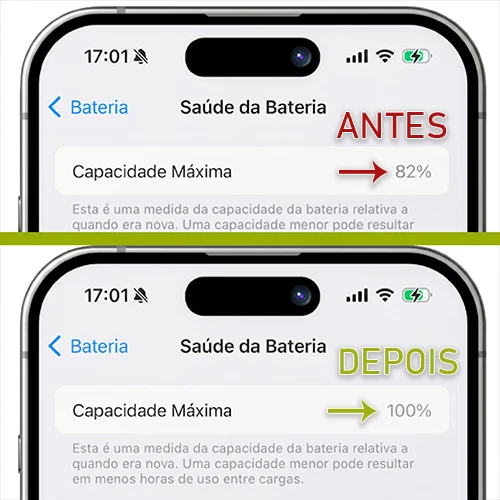Antes e depois: saúde da bateria do iPhone restaurada de 82% para 100% de capacidade máxima
